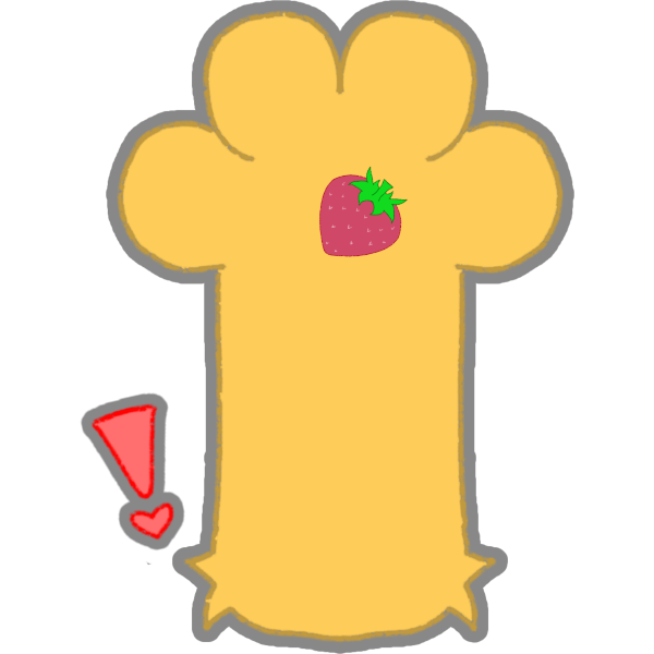 a yellow paw has a pastel red exclamation mark next to it, it's holding a very small strawberry in the palm of the paw